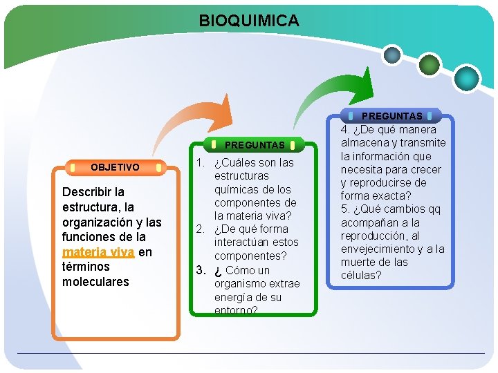 BIOQUIMICA PREGUNTAS OBJETIVO Describir la estructura, la organización y las funciones de la materia