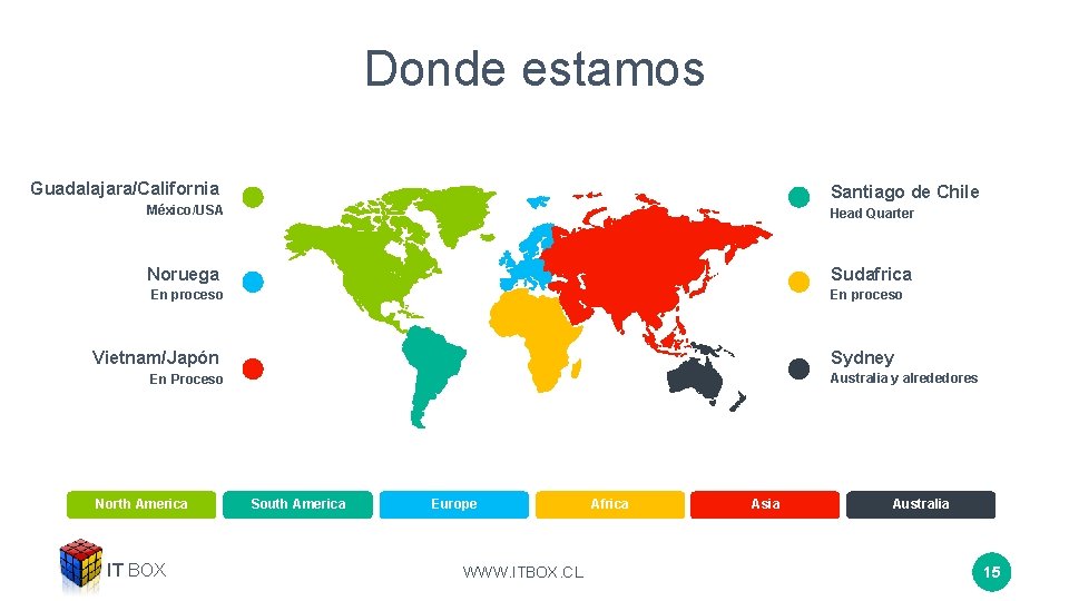 Donde estamos Guadalajara/California Santiago de Chile México/USA Head Quarter Noruega Sudafrica En proceso Sydney