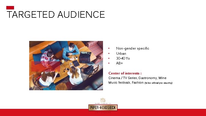 TARGETED AUDIENCE • • Non-gender specific Urban 30 -40 Yo AB+ Center of interests