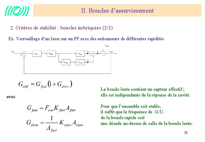 II. Boucles d’asservissement 2. Critères de stabilité : boucles imbriquées (2/2) Ex. Verrouillage d’un