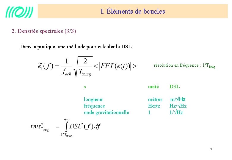 I. Éléments de boucles 2. Densités spectrales (3/3) Dans la pratique, une méthode pour