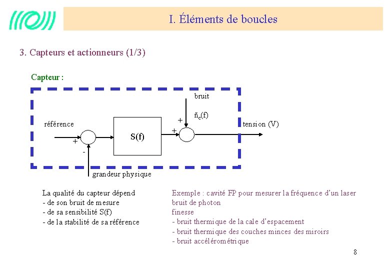 I. Éléments de boucles 3. Capteurs et actionneurs (1/3) Capteur : bruit + référence