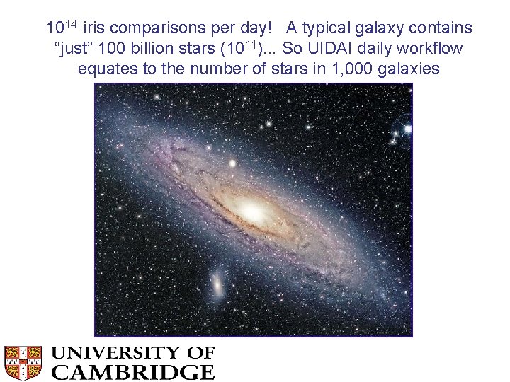 1014 iris comparisons per day! A typical galaxy contains “just” 100 billion stars (1011).