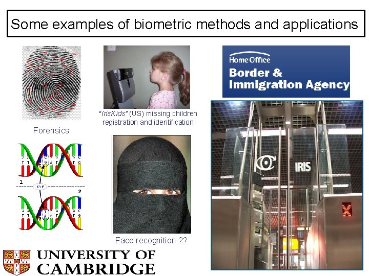 Some examples of biometric methods and applications Forensics “Iris. Kids” (US) missing children registration
