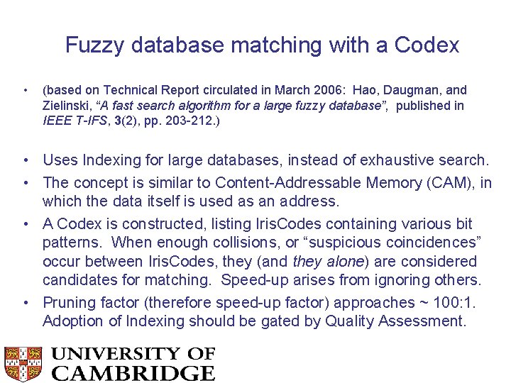 Fuzzy database matching with a Codex • (based on Technical Report circulated in March