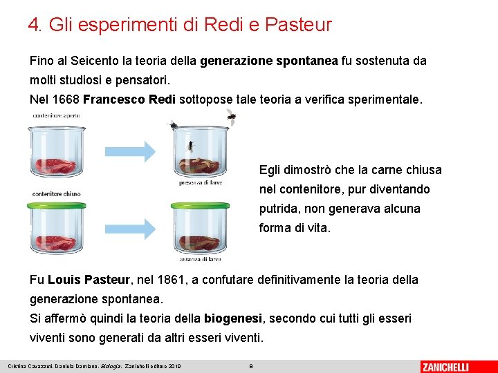 4. Gli esperimenti di Redi e Pasteur Fino al Seicento la teoria della generazione