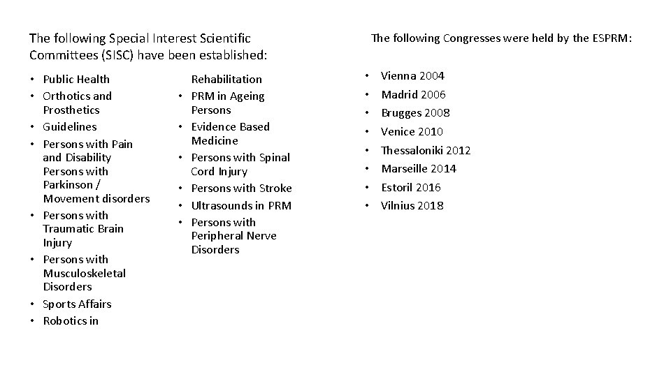 The following Special Interest Scientific Committees (SISC) have been established: • Public Health •