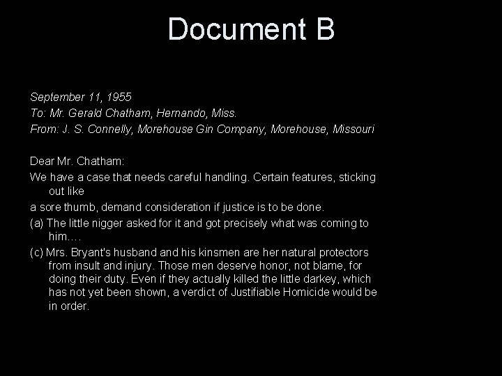 Document B September 11, 1955 To: Mr. Gerald Chatham, Hernando, Miss. From: J. S.