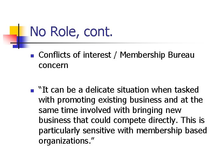 No Role, cont. n n Conflicts of interest / Membership Bureau concern “It can
