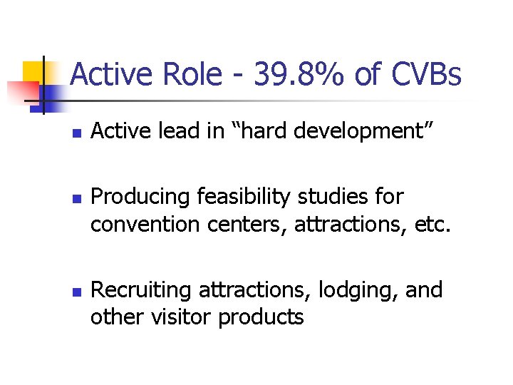 Active Role - 39. 8% of CVBs n n n Active lead in “hard