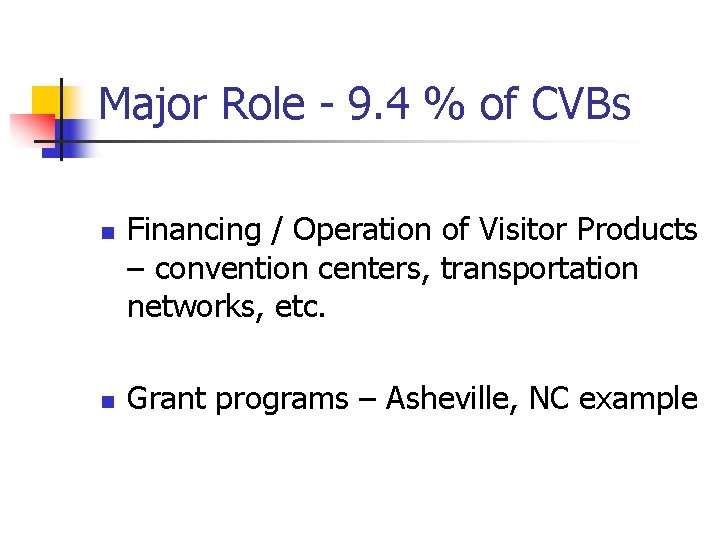 Major Role - 9. 4 % of CVBs n n Financing / Operation of