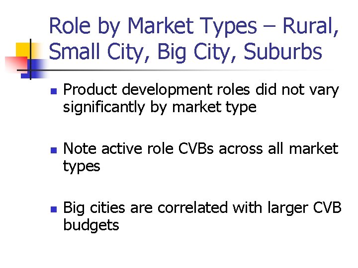 Role by Market Types – Rural, Small City, Big City, Suburbs n n n