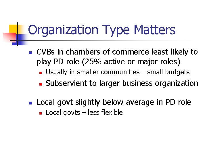 Organization Type Matters n n CVBs in chambers of commerce least likely to play