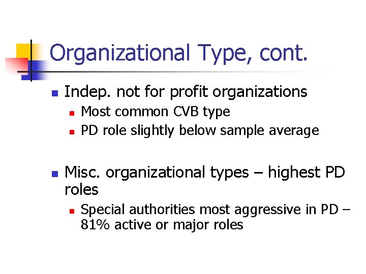 Organizational Type, cont. n Indep. not for profit organizations n n n Most common