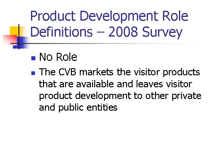 Product Development Role Definitions – 2008 Survey n n No Role The CVB markets