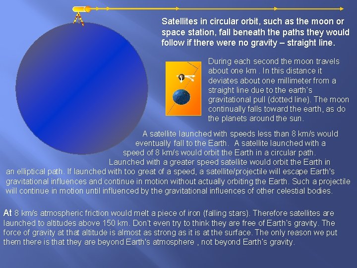 Satellites in circular orbit, such as the moon or space station, fall beneath the