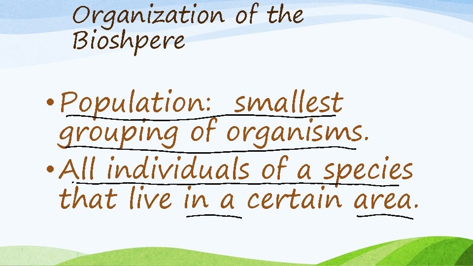 Organization of the Bioshpere • Population: smallest grouping of organisms. • All individuals of