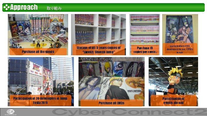 ❖Approach　　取り組み Purchase all the goods Participation of 20 developers in Jump Festa 2011 Storage