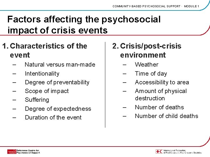 COMMUNITY-BASED PSYCHOSOCIAL SUPPORT · MODULE 1 Factors affecting the psychosocial impact of crisis events