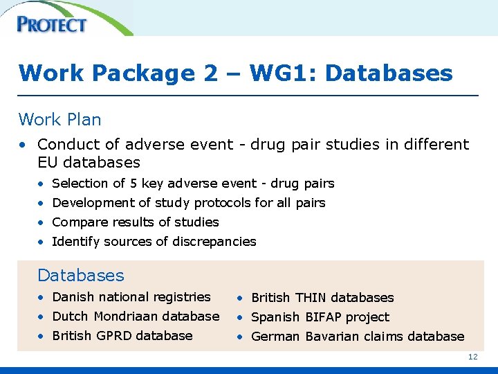 Work Package 2 – WG 1: Databases Work Plan • Conduct of adverse event