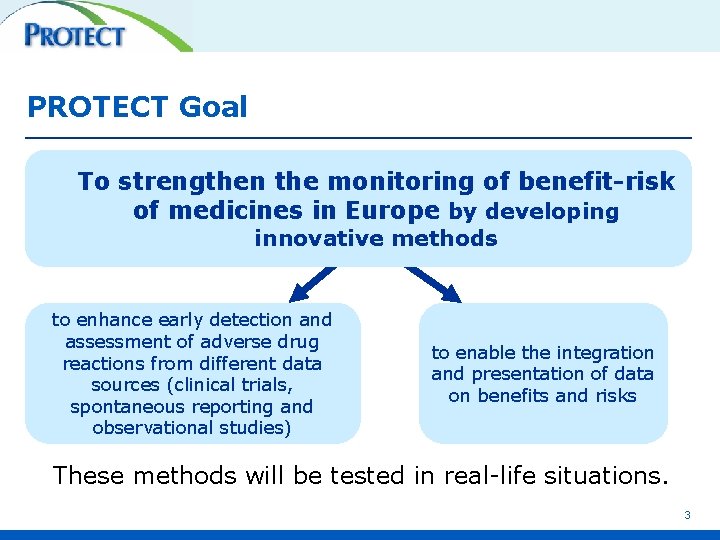 PROTECT Goal To strengthen the monitoring of benefit-risk of medicines in Europe by developing