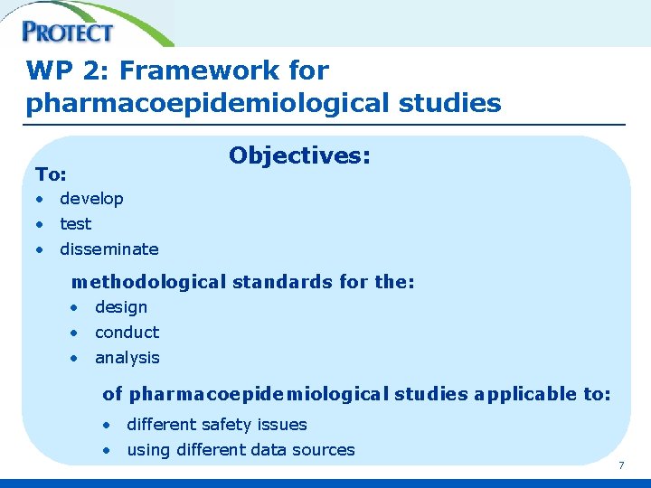 WP 2: Framework for pharmacoepidemiological studies Objectives: To: • develop • test • disseminate