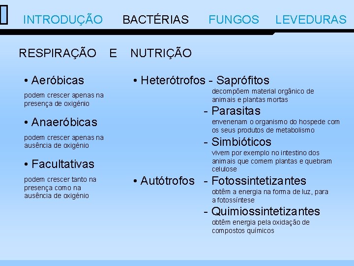  INTRODUÇÃO BACTÉRIAS FUNGOS LEVEDURAS RESPIRAÇÃO E NUTRIÇÃO • Aeróbicas podem crescer apenas na