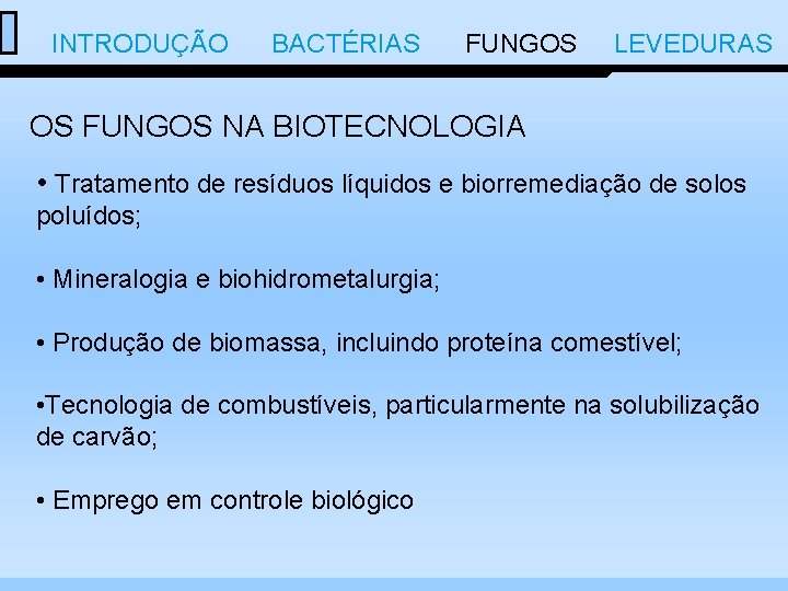  INTRODUÇÃO BACTÉRIAS FUNGOS LEVEDURAS OS FUNGOS NA BIOTECNOLOGIA • Tratamento de resíduos líquidos