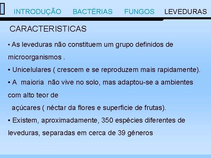  INTRODUÇÃO BACTÉRIAS FUNGOS LEVEDURAS CARACTERISTICAS • As leveduras não constituem um grupo definidos
