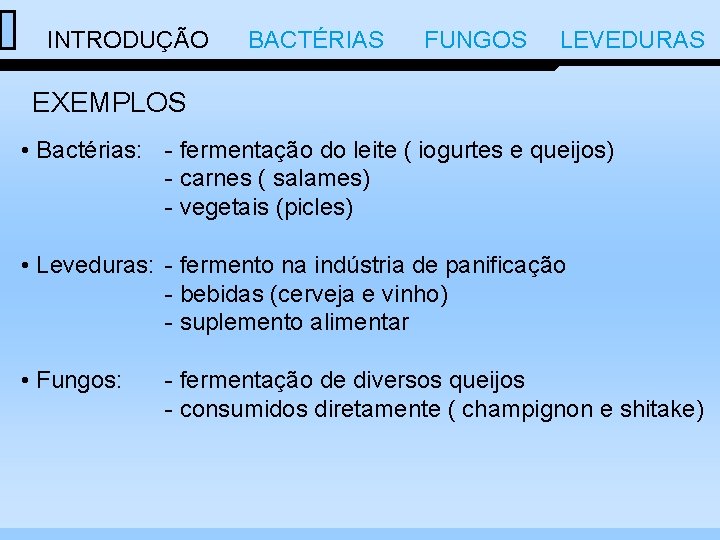  INTRODUÇÃO BACTÉRIAS FUNGOS LEVEDURAS EXEMPLOS • Bactérias: - fermentação do leite ( iogurtes