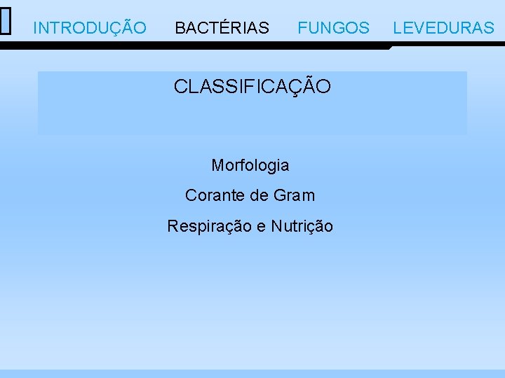  INTRODUÇÃO BACTÉRIAS FUNGOS LEVEDURAS CLASSIFICAÇÃO Morfologia Corante de Gram Respiração e Nutrição 