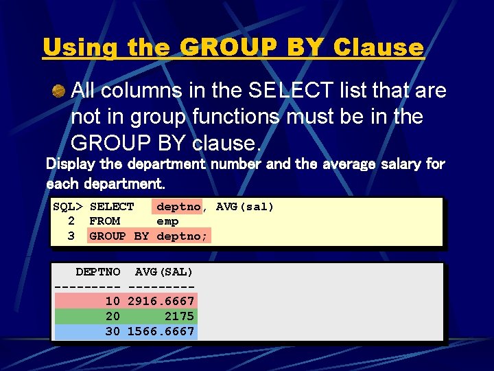 Using the GROUP BY Clause All columns in the SELECT list that are not Using the GROUP BY Clause All columns in the SELECT list that are not