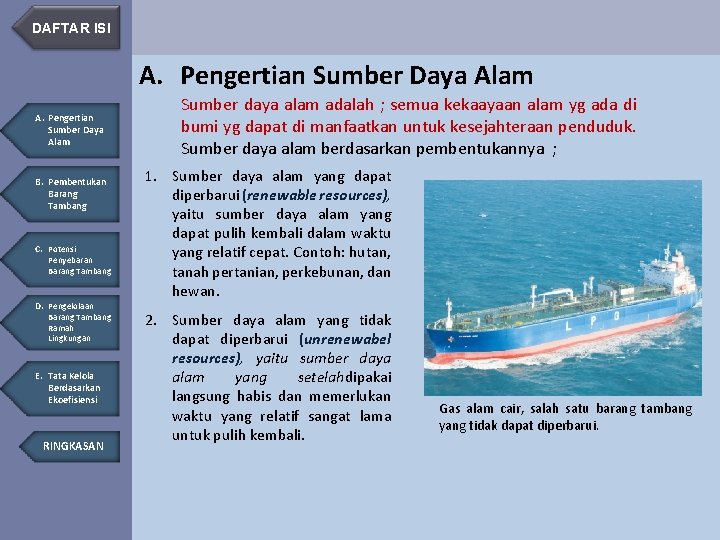 DAFTAR ISI A. Pengertian Sumber Daya Alam B. Pembentukan Barang Tambang C. Potensi Penyebaran