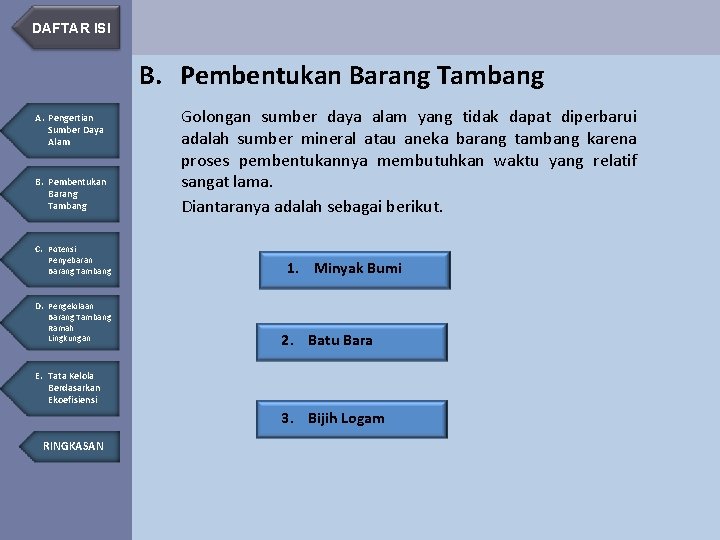 DAFTAR ISI B. Pembentukan Barang Tambang A. Pengertian Sumber Daya Alam B. Pembentukan Barang