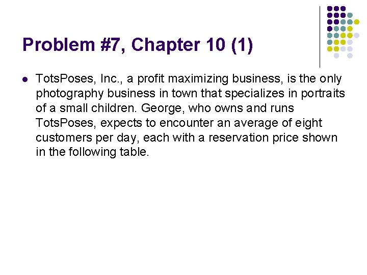 Problem #7, Chapter 10 (1) l Tots. Poses, Inc. , a profit maximizing business,