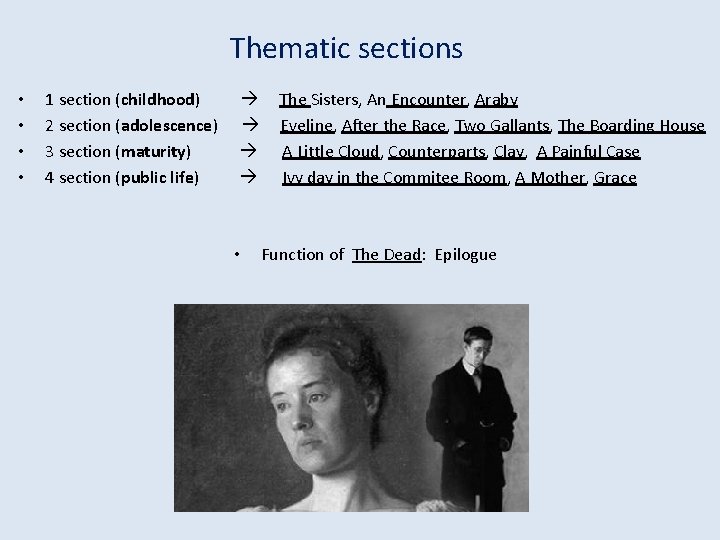 Thematic sections • • 1 section (childhood) 2 section (adolescence) 3 section (maturity) 4