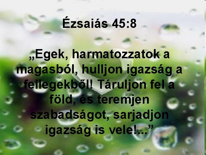 Ézsaiás 45: 8 „Egek, harmatozzatok a magasból, hulljon igazság a fellegekből! Táruljon fel a