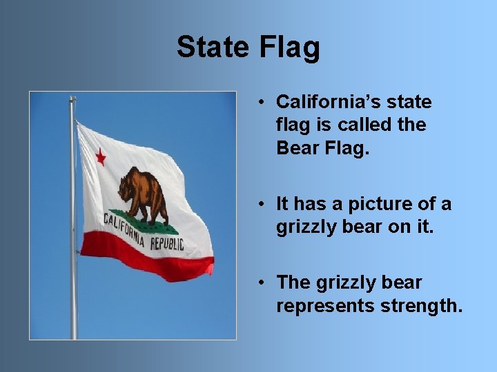 State Flag • California’s state flag is called the Bear Flag. • It has