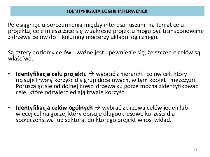 IDENTYFIKACJA LOGIKI INTERWENCJI Po osiągnięciu porozumienia między interesariuszami na temat celu projektu, cele mieszczące