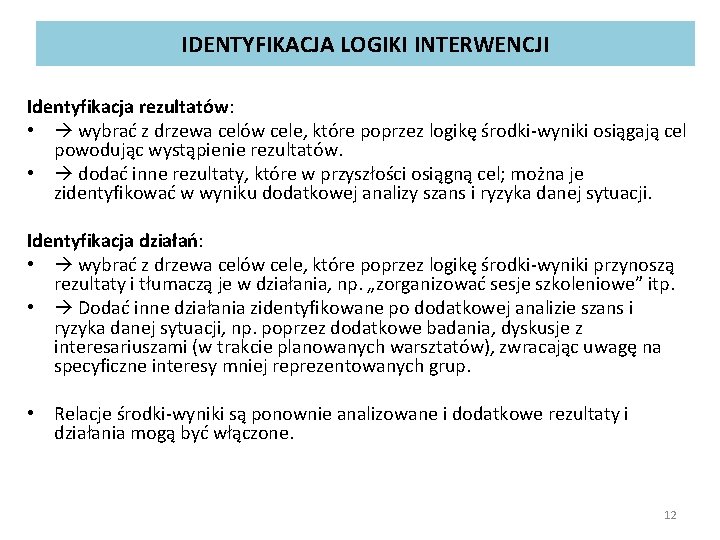 IDENTYFIKACJA LOGIKI INTERWENCJI Identyfikacja rezultatów: • wybrać z drzewa celów cele, które poprzez logikę