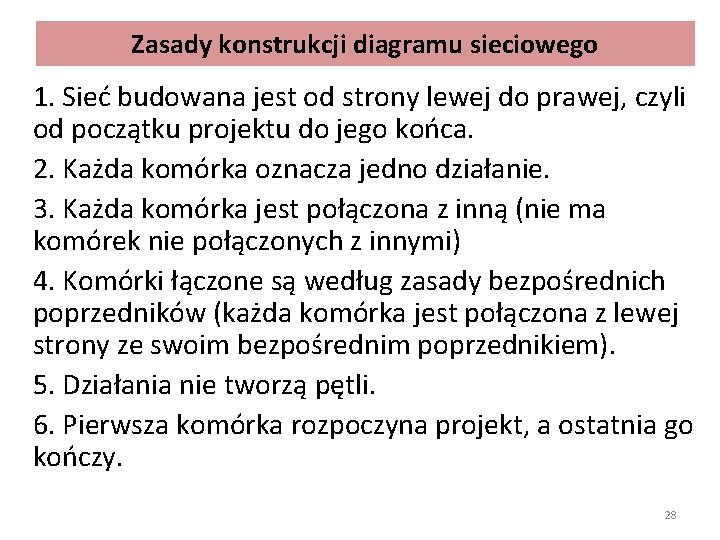 Zasady konstrukcji diagramu sieciowego 1. Sieć budowana jest od strony lewej do prawej, czyli