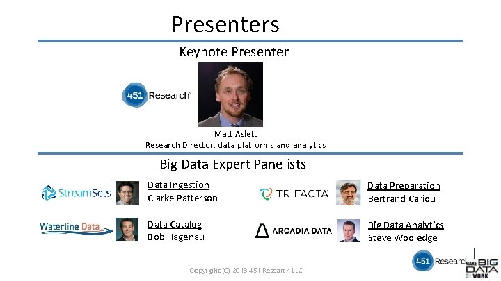 Presenters Keynote Presenter Matt Aslett Research Director, data platforms and analytics Big Data Expert