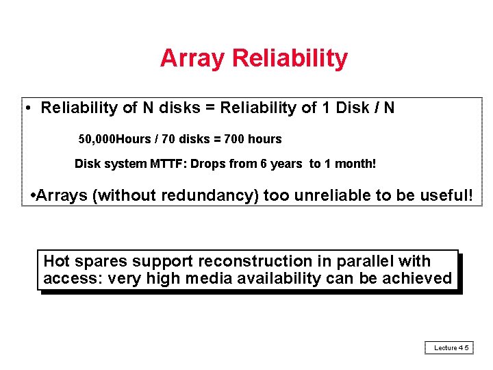 Array Reliability • Reliability of N disks = Reliability of 1 Disk / N