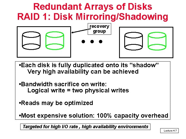 Redundant Arrays of Disks RAID 1: Disk Mirroring/Shadowing recovery group • Each disk is