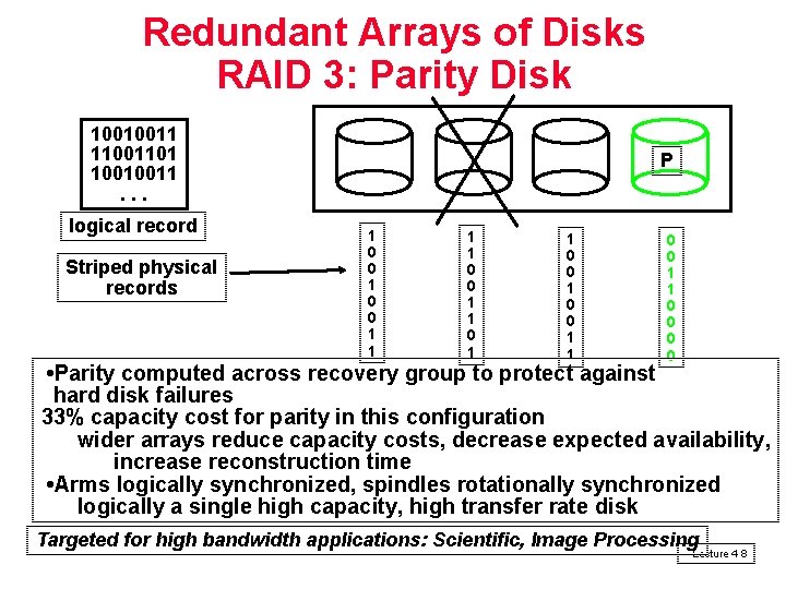 Redundant Arrays of Disks RAID 3: Parity Disk 10010011 11001101 10010011. . . logical