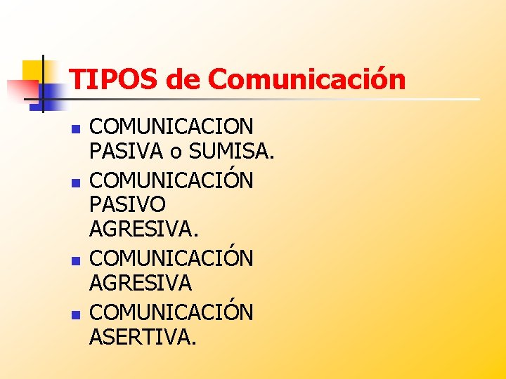 TIPOS de Comunicación n n COMUNICACION PASIVA o SUMISA. COMUNICACIÓN PASIVO AGRESIVA. COMUNICACIÓN AGRESIVA