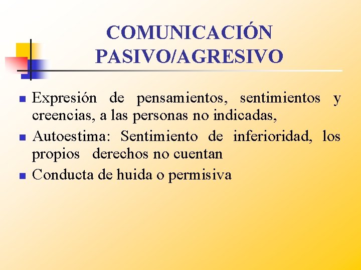 COMUNICACIÓN PASIVO/AGRESIVO n n n Expresión de pensamientos, sentimientos y creencias, a las personas