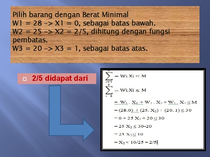 Pilih barang dengan Berat Minimal W 1 = 28 –> X 1 = 0,