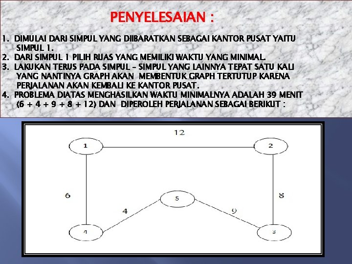 PENYELESAIAN : 1. DIMULAI DARI SIMPUL YANG DIIBARATKAN SEBAGAI KANTOR PUSAT YAITU SIMPUL 1.