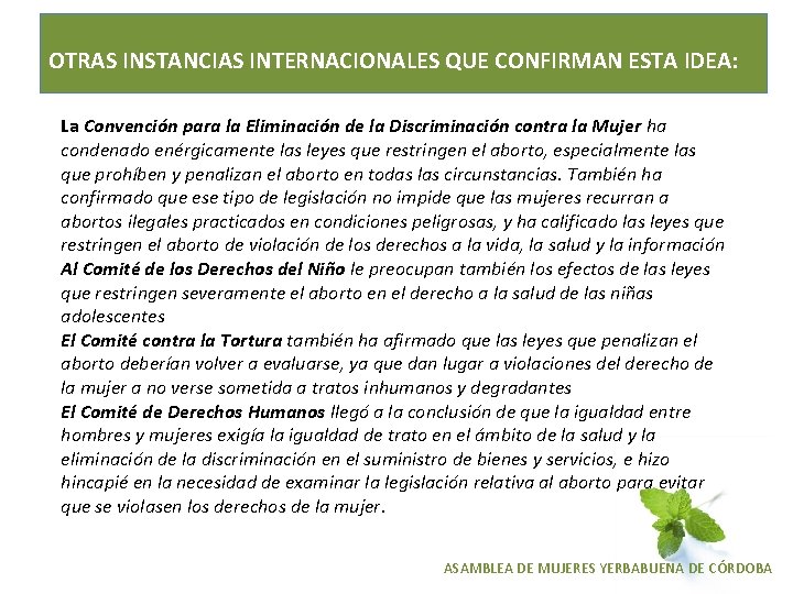 OTRAS INSTANCIAS INTERNACIONALES QUE CONFIRMAN ESTA IDEA: La Convención para la Eliminación de la